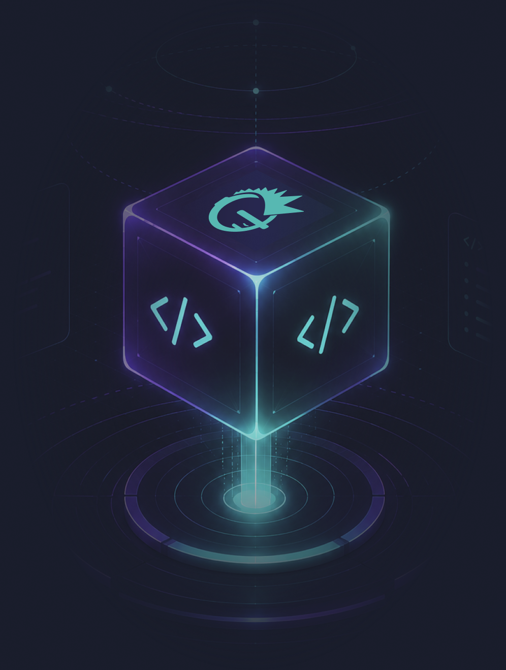 A wireframe cube rendered in brand colours