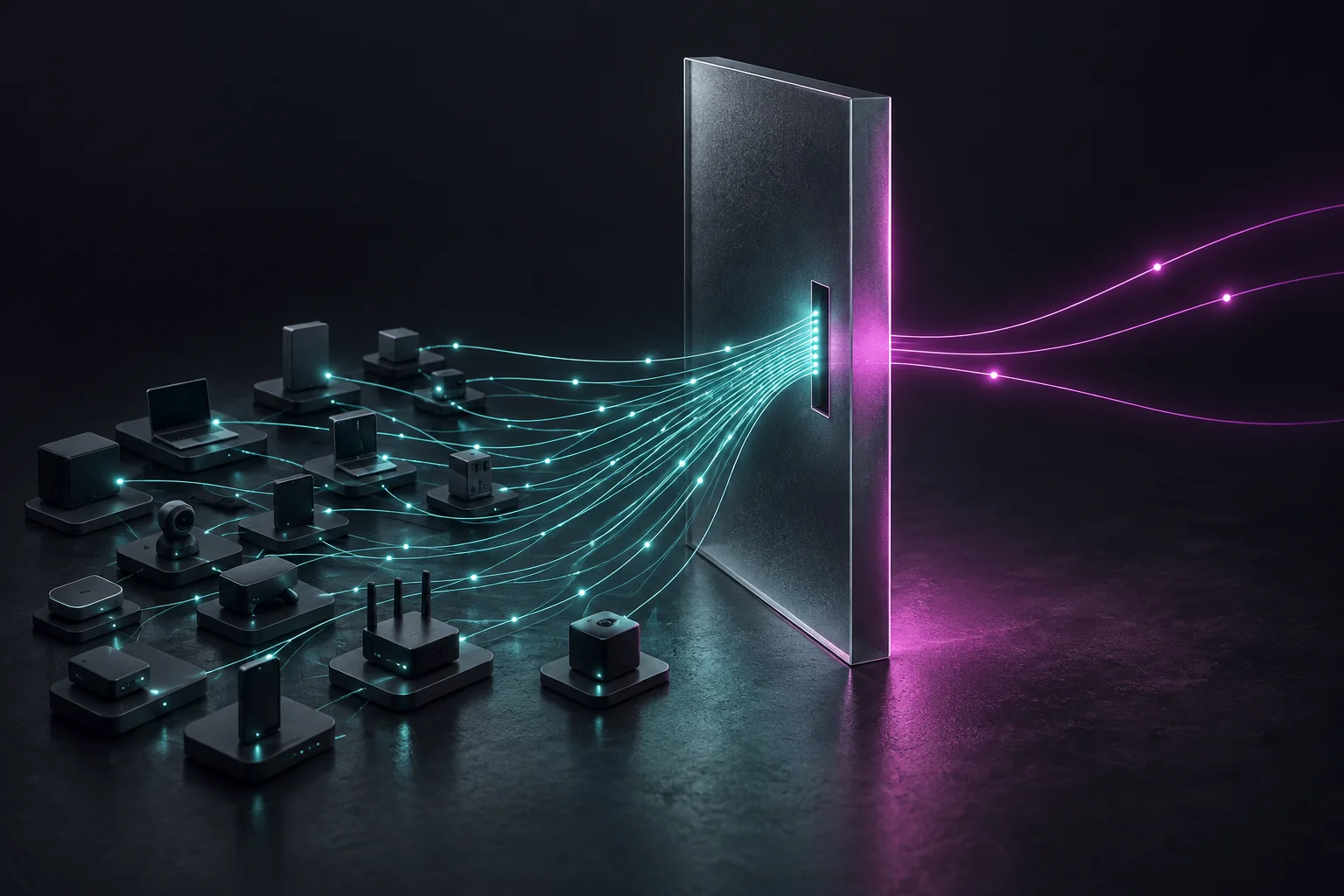 Connections from many devices converge through a narrow glass gateway and emerge as a few shared paths.
