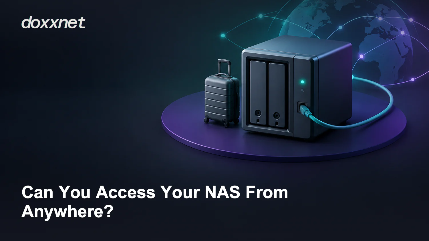 Can You Access Your NAS From Anywhere?: Two-bay NAS with connected network lead, with the doxxnet wordmark.