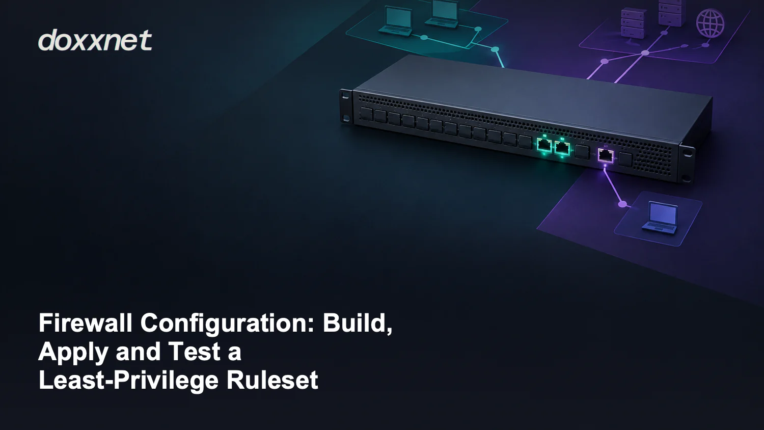 Firewall Configuration: Build, Apply and Test a Least-Privilege Ruleset: Rackmount firewall appliance with selective port blockers, with the doxxnet wordmark.